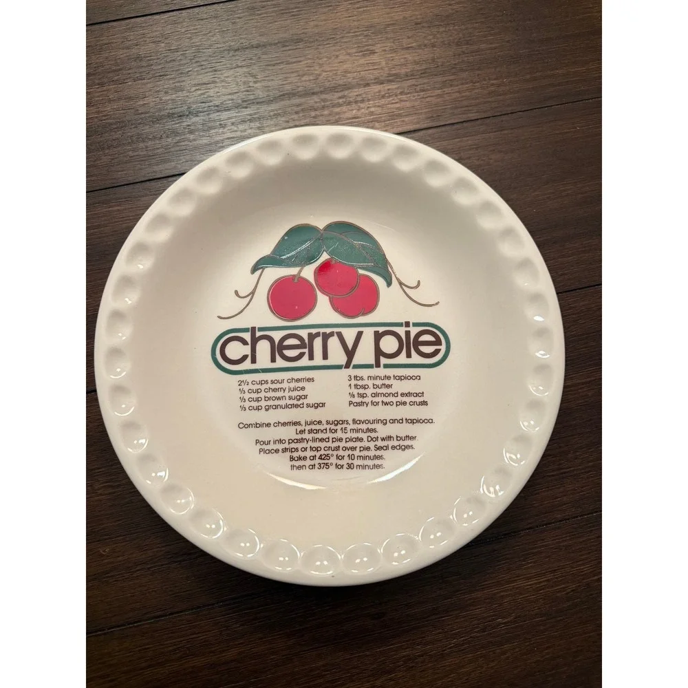 Vintage Cherry Pie Recipe Ceramic Pie Plate Scalloped Rim 10 Inch White Dish